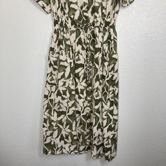 ZARA Shirt Dress Womens XL Green Cream Leaf Print Button Front Belted Midi - Picture 7 of 16